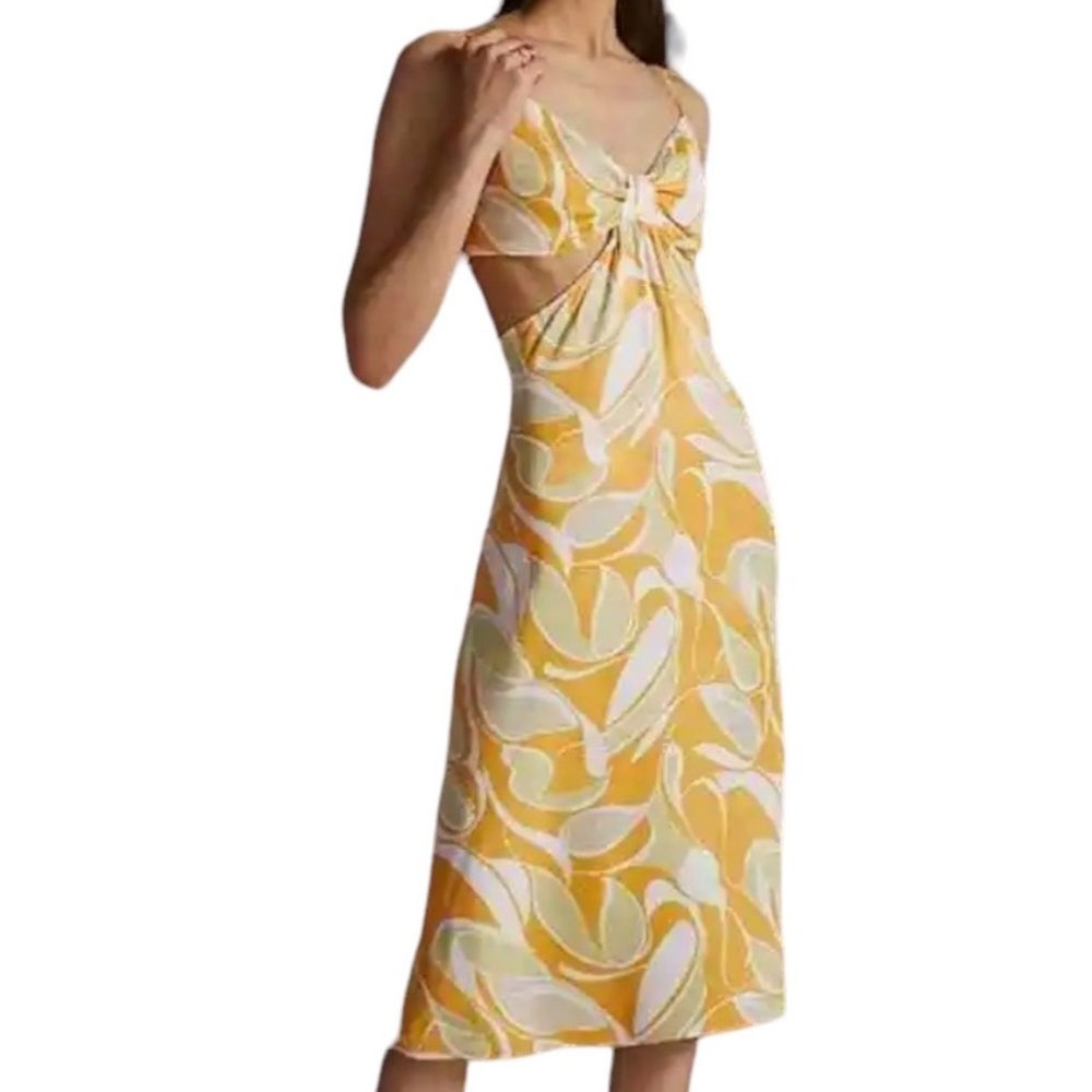 NWOT Anthropologie Cutout Printed-Slip Yellow Motif Midi Dress Size Medi…